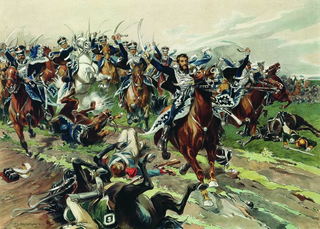 Н. Самокиш. Атака гусар Кульнева у Клястиц 20 июля 1812 года. 1900-е