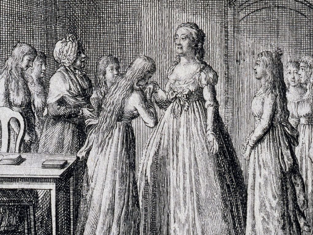 Даниель Ходовецкий. Екатерина II в Смольном институте (фрагмент). Из серия «8 гравюр из жизни Екатерины II». 1797. Государственный Эрмитаж, Санкт-Петербург